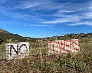 Signs protesting the construction of overhead power lines stand by the road near Tumut in...