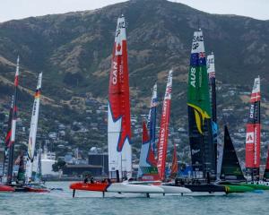 The SailGP F50 catamaran fleet is pictured on Lyttelton Harbour on Friday, March 22, 2024. Photo:...