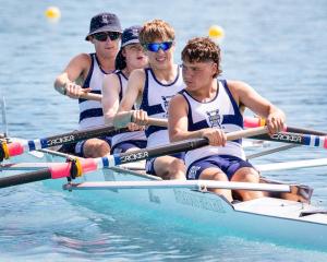 Otago Boy’s novice coxed four (from left) Hunter Ruxton (obscured), Jude Smillie, Ollie Scott,...