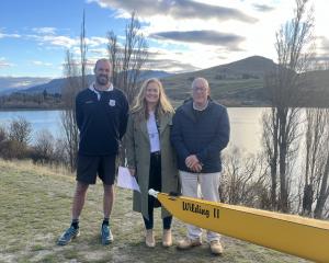 At last month’s launch of Whakatipu Rowing Club’s quad, Wilding II, are club captain Hamish Noton...