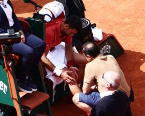 Novak Djokovic receives medical attention during his French Open match against Argentina's...