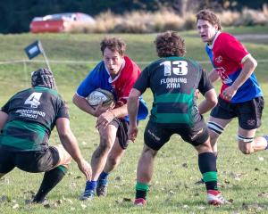 Alexandra players defend against a Maniototo attack earlier in the season. PHOTO: RICHARD JONES