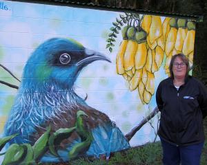 Cr Michelle Kennedy stands beside the new mural at Whisky Gully, Tapanui. PHOTO: NICK BROOK