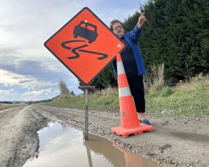 Wendon resident Heather Fowler points out a selection of potholes in Pyramid Creek Rd. PHOTO: BEN...