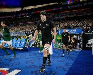 Scott Barrett runs out at last year's World Cup final in Paris. Photo: Getty Images