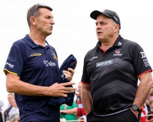 Highlanders chief executive Roger Clark (left) talks to Crusaders chief executive Colin...