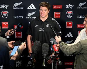 Scott Barrett speaks to media after being announced as All Blacks captain during a squad...