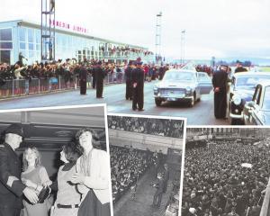 A crowd gathers at Momona Airport as the Beatles arrive in Dunedin. Below from left: A police...