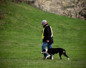 Paul Collins and Sky on the longhead course at the New Zealand sheepdog trial championships in...