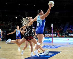 Northern Mystics wing attack Peta Toeava grabs the ball out of thin air in front of Mainland...