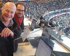 English rugby writer Rob Kitson with Guardian colleague Andy Bull at the 2023 Rugby World Cup...