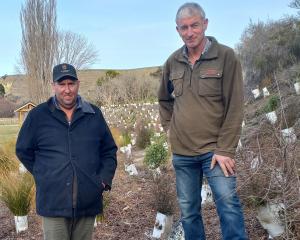Waihao Downs farmer Kieran Henshaw (left), with Alfred the dog, and Roger Small, of Willowbridge,...