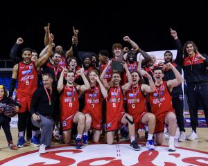 The Canterbury Rams celebrate winning the 2023 National Basketball League title. PHOTO: ODT FILES