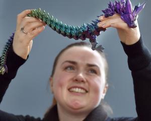 Early childhood teacher Alicia Sando with her 3D-printed dragon creation as part of her PaPe...