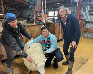Mohit Kumar Rathi (centre), of Indian company Rathi Woollens, learns the intricacies of shearing...