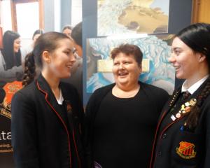 Waitaki Girls’ High School year 13 pupils (left) Jordan Ingram and Aroha Wooldridge (right) chat...