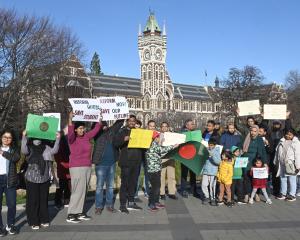  Bangladeshi students protest outside the St David Complex at the University of Otago yesterday....