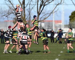 A lineout from today's Dunedin premier club rugby semifinal between Southern and Green Island at...