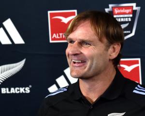 All Blacks coach Scott Robertson holds forth during a press conference at the Distinction Hotel...