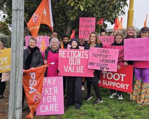 South Canterbury community support workers come together to rally for pay equity. PHOTOS: CONNOR...