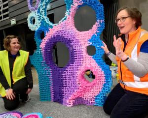 Season One Lego Masters Sarah Mosley and Emily Fryer with their 1.8 metre high sculpture. PHOTO:...