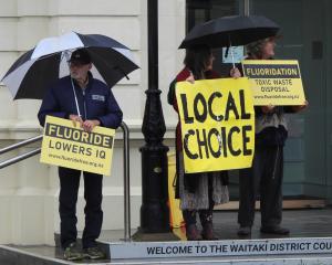 Protesters of the pending addition of fluoride to the Oamaru water supply outside the Waitaki...