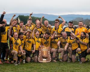 Upper Clutha celebrate their 29-13 win over Clutha Valley in the Otago Countrywide final. PHOTO:...