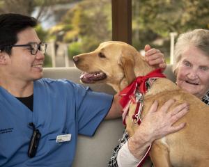 Frosty with a patient and registered nurse Michael Reamico. PHOTO: HEALTH NEW ZEALAND | Te Whatu...