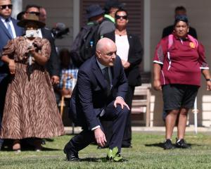 Prime Minister Christopher Luxon accepts a wero or challenge at Te Whare Runanga on Waitangi Day...