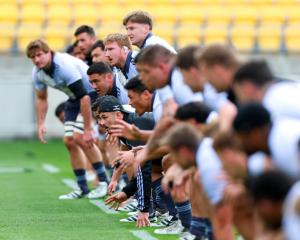 Players take part in a drill during an All Blacks training session at Sky Stadium in Wellington...