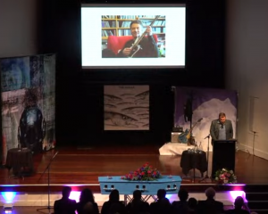 Grant Robertson speaks at the funeral of Dunedin musician Martin Phillipps.