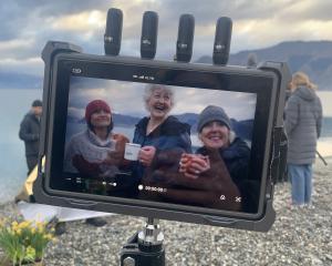 A behind-the-scenes shot of Wanaka women and regular lake dippers (from left) Nicci Huston, Lyn...