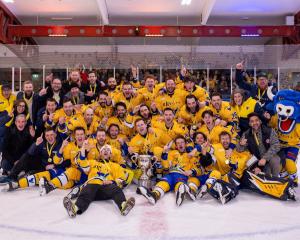 SkyCity Stampede ice hockey team pictured after winning the national championship again on...