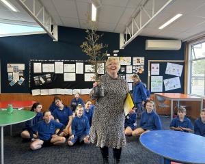 Millers Flat School principal Hilary Spedding celebrates the school winning the top Enviroschools...