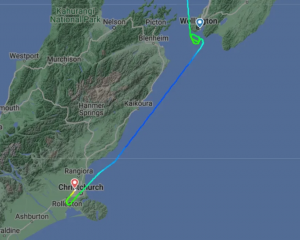 NZ405's path on its way past Wellington, 10 September 2024.&nbsp;Photo:&nbsp;Flight Radar 24 /...