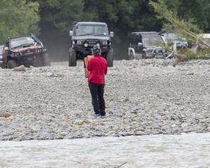 A protester stands in front of a row of 4WD vehicles to try and protect the endangered nesting...