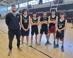 Representing the Aurora College 3x3 boys’ basketball team at the tournament are (from left) coach...