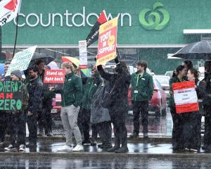 Woolworths union members from the chain’s supermarkets around Dunedin gather outside the South...