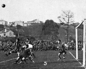 Otago v Chinese Universities football match at Carisbrook: An anxious moment at China's goal,...