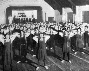 A gymnastics class in the new YWCA hall in Moray Place, Dunedin. — Otago Witness, 26.8.1924