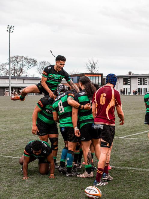 Linwood celebrate a try during their 39-32 victory over University of Canterbury in the Metro...