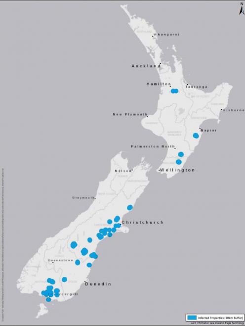 This map shows where infected properties are under quarantine lock-down, as at Thursday last week. Map: Supplied