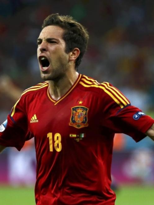 Spain's Jordi Alba celebrates his goal.                   REUTERS/Eddie Keogh