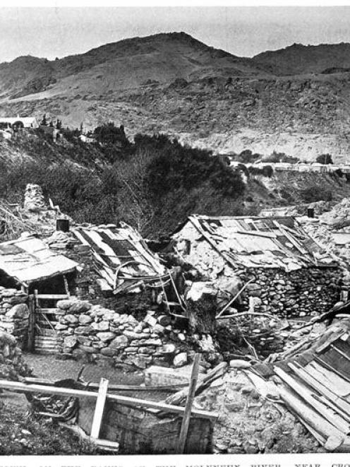 Chinatown, the Chinese goldmining settlement beside the Kawarau River below Cromwell, in 1908....