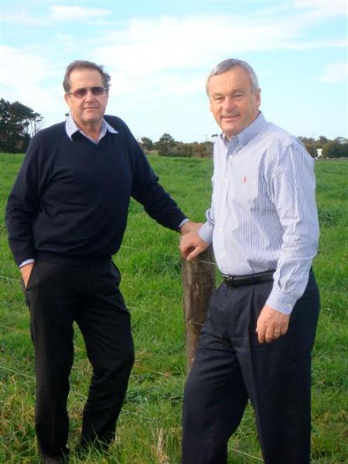 Dunedin-based dairy farmer Grant Paterson (left) and Brent Sutton, from Sutton Group, have teamed...