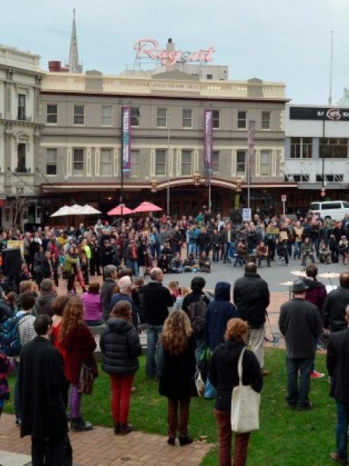 Dunedin Mayor Dave Cull addresses a protest meeting opposed to the GCSB in the Octagon this...