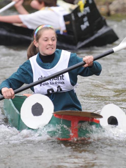 Kylie Wilson (11), of Alexandra, makes her way down the Manuherikia River in her biodegradable...