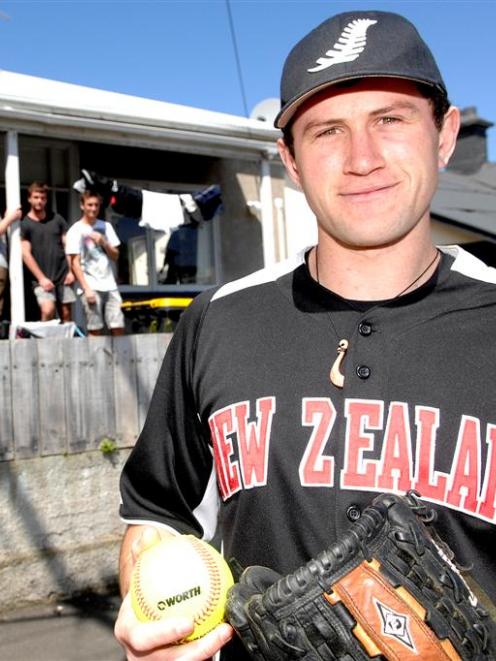 New Zealand men's softball team member Campbell Makea is briefly back in Dunedin. Looking on...