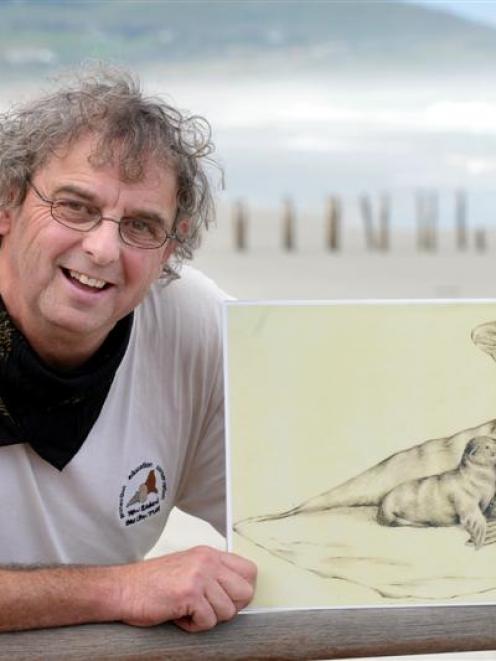 New Zealand Sea Lion Trust chairman Steve Broni shows an artist's impression of a sculpture...