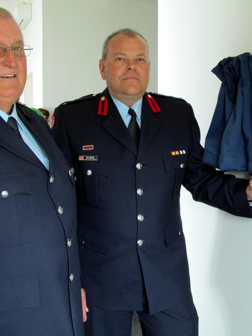 Omarama fire chief Howard Williams (left) with national commander Paul Baxter at the unveiling of...